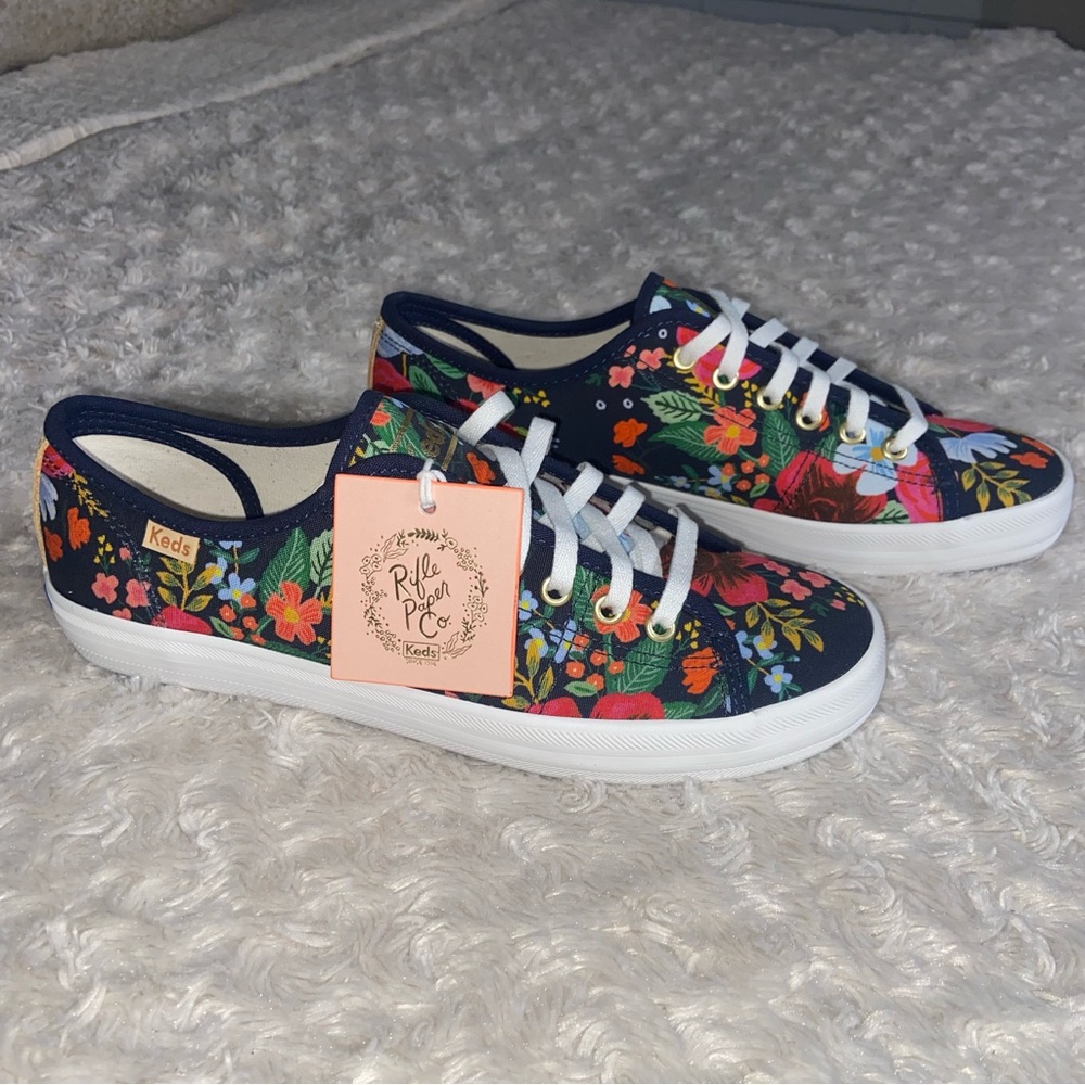 NEW Rifle Paper Co x Keds Kick Start Wild Rose Canvas Sneakers Navy Floral 7.5 - Picture 2 of 13